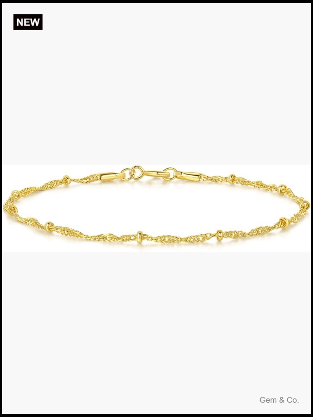 14K Gold Plated Singapore Chain Bracelet Twisted Bead Design 17/19/21cm